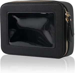 Clear Makeup Case, Durable Saffiano Faux Leather Travel Cosmetic Bag, Toiletry Bag with Visual Window & Dual Zippers, Travel Essentials for Women (Black, Medium)