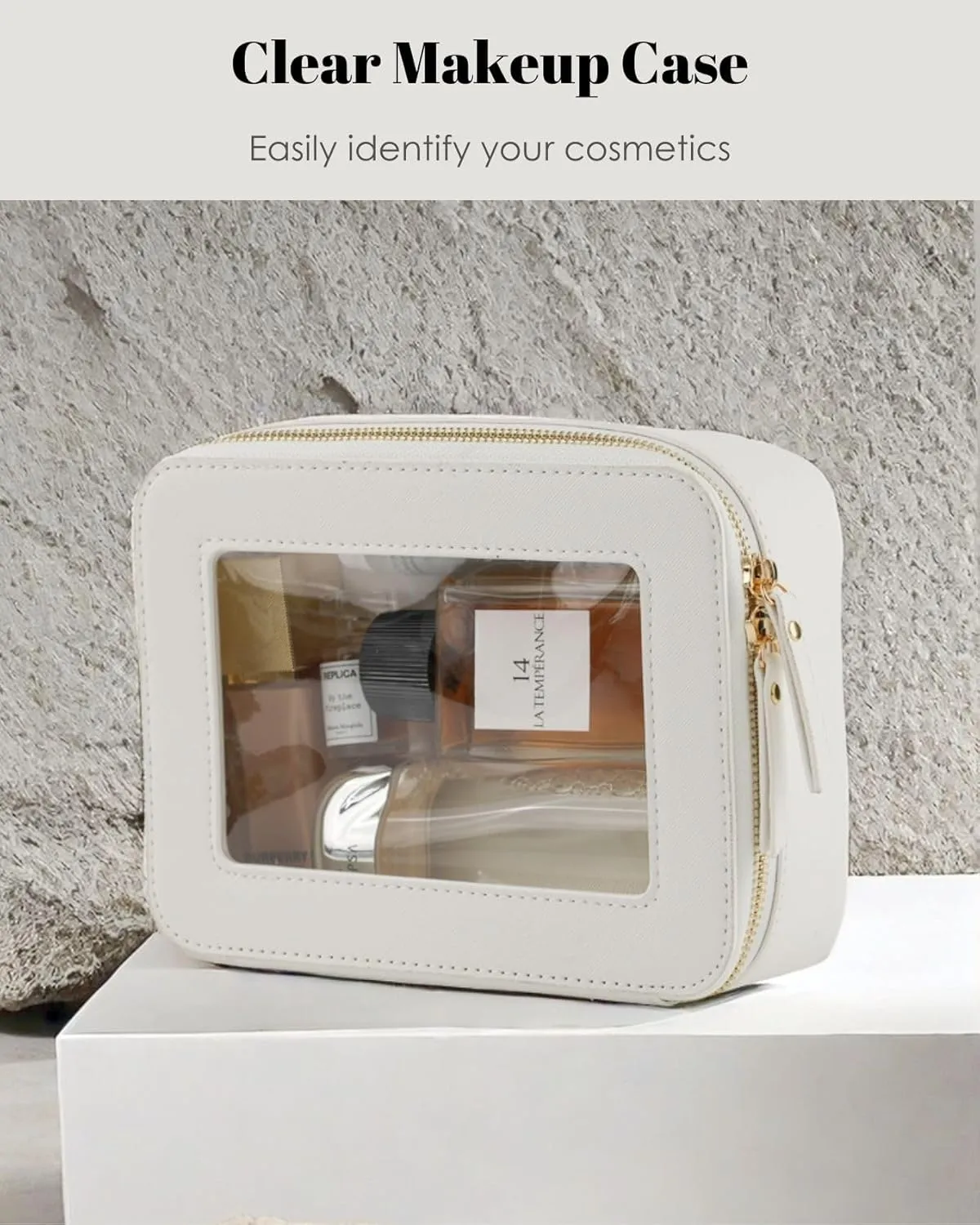 Clear Makeup Case, Durable Saffiano Faux Leather Travel Cosmetic Bag, Toiletry Bag with Visual Window & Dual Zippers, Travel Essentials for Women (Black, Medium)
