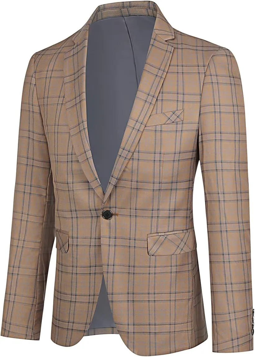 Cloudstyle Mens Formal Suit Jacket Blazer Plaid 2 Button Closure Prom Business Sport Coat