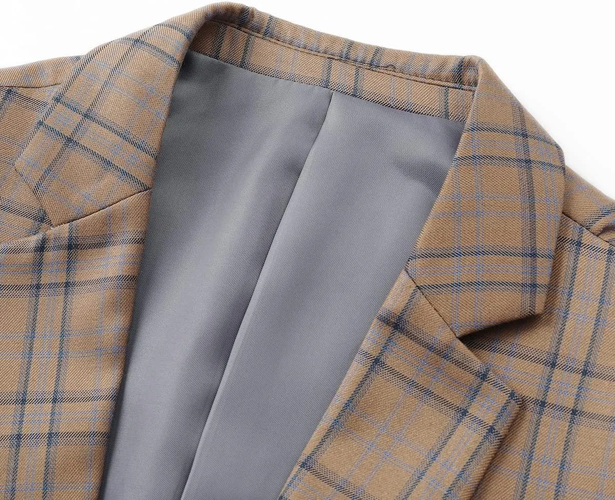 Cloudstyle Mens Formal Suit Jacket Blazer Plaid 2 Button Closure Prom Business Sport Coat
