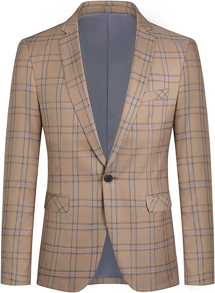 Cloudstyle Mens Formal Suit Jacket Blazer Plaid 2 Button Closure Prom Business Sport Coat
