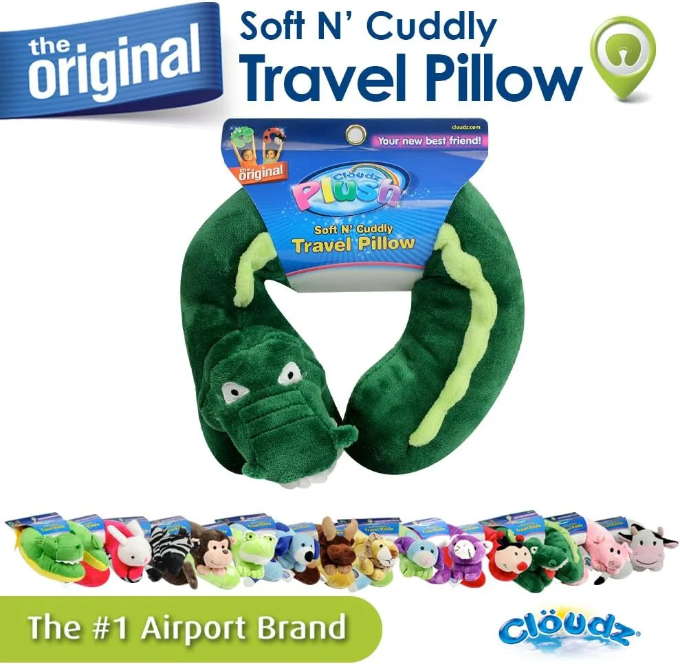 Cloudz Kids Super Soft N' Cuddly Animal Airplane Travel Neck Pillow! Keep Children Comfy and Supported with a Buddy While Traveling or just Resting at Home - Alligator