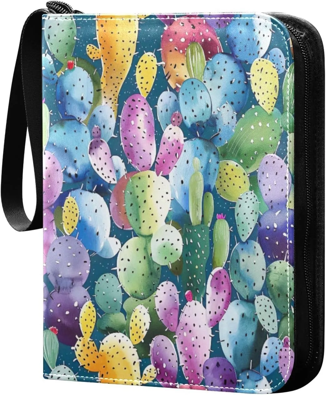 Colorful Watercolor Cactus Card Binder 4-Pocket, 400 Pockets Card Holder with 50 Removable Sleeves and Zipper for Games Baseball Football Sports Card