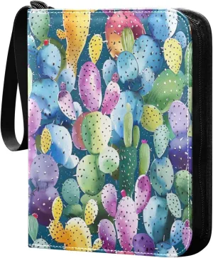 Colorful Watercolor Cactus Card Binder 4-Pocket, 400 Pockets Card Holder with 50 Removable Sleeves and Zipper for Games Baseball Football Sports Card