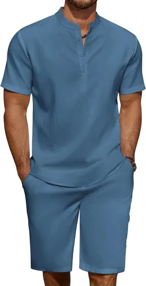 COOFANDY Men's 2 Pieces Linen Set Casual Henley Shirts Short Sleeve Beach Yoga Shorts Summer Pants Outfits