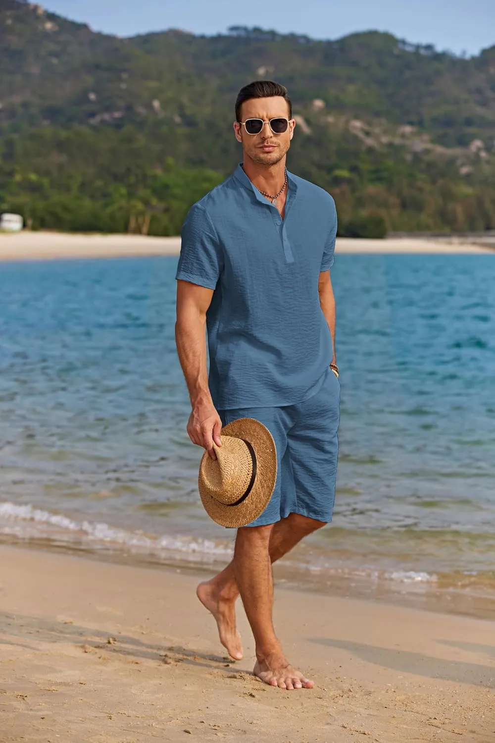 COOFANDY Men's 2 Pieces Linen Set Casual Henley Shirts Short Sleeve Beach Yoga Shorts Summer Pants Outfits