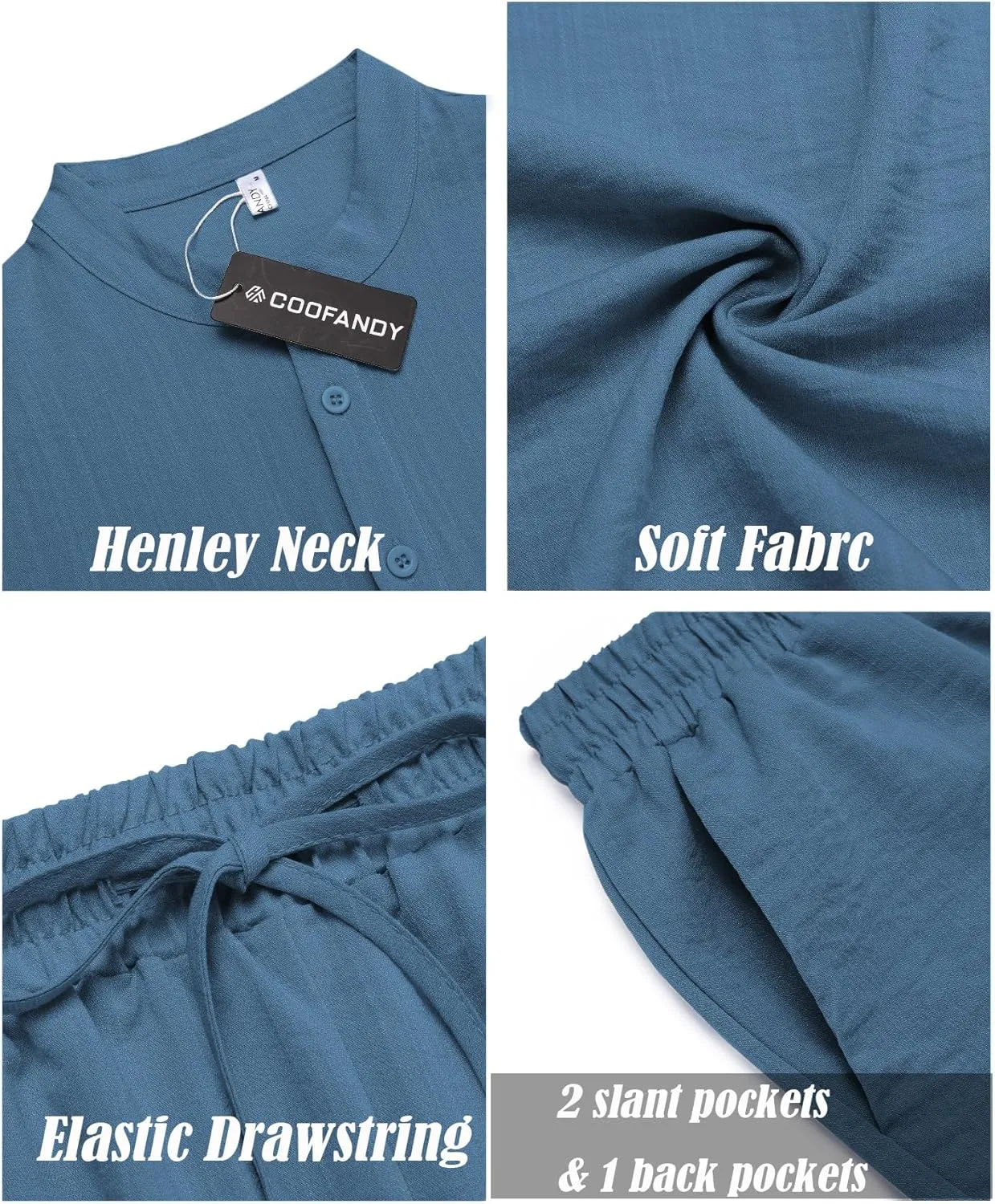 COOFANDY Men's 2 Pieces Linen Set Casual Henley Shirts Short Sleeve Beach Yoga Shorts Summer Pants Outfits