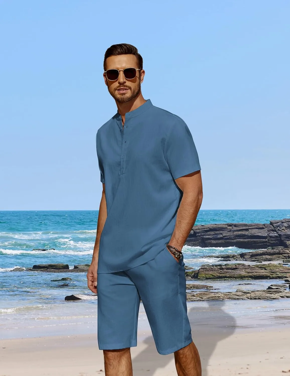 COOFANDY Men's 2 Pieces Linen Set Casual Henley Shirts Short Sleeve Beach Yoga Shorts Summer Pants Outfits