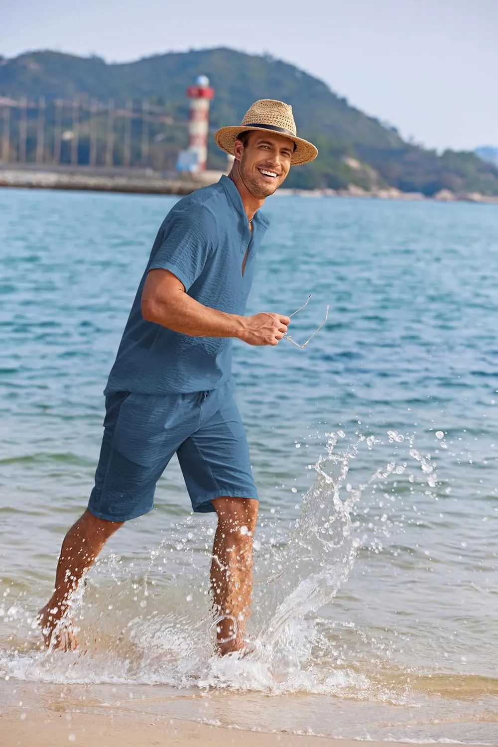 COOFANDY Men's 2 Pieces Linen Set Casual Henley Shirts Short Sleeve Beach Yoga Shorts Summer Pants Outfits