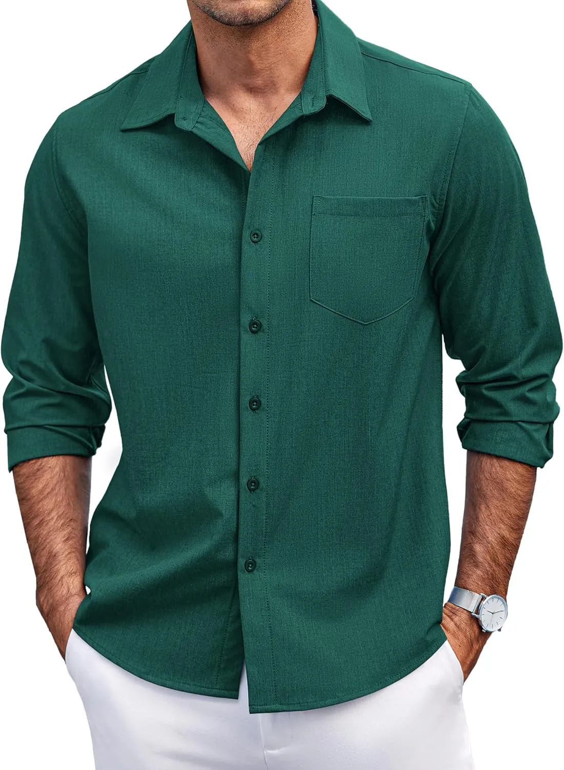 COOFANDY Men's Casual Button Down Shirts Long Sleeve Untucked Shirts Regular Fit Linen Shirt