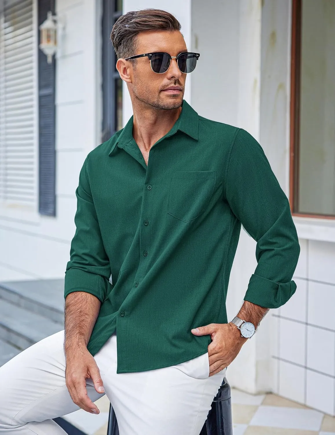 COOFANDY Men's Casual Button Down Shirts Long Sleeve Untucked Shirts Regular Fit Linen Shirt