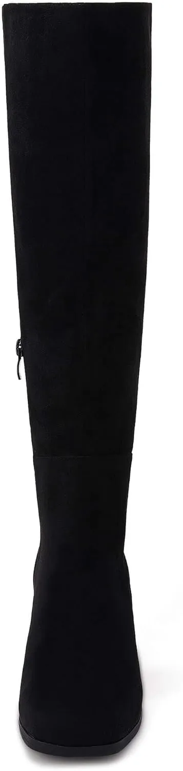 Coutgo Womens Knee High Boots Chunky Block Heels Square Toe Side Zipper Faux Suede Fall Winter Comfort Boot