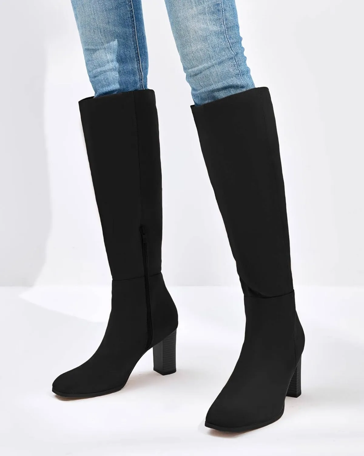 Coutgo Womens Knee High Boots Chunky Block Heels Square Toe Side Zipper Faux Suede Fall Winter Comfort Boot