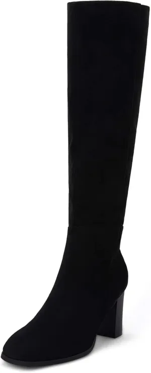Coutgo Womens Knee High Boots Chunky Block Heels Square Toe Side Zipper Faux Suede Fall Winter Comfort Boot
