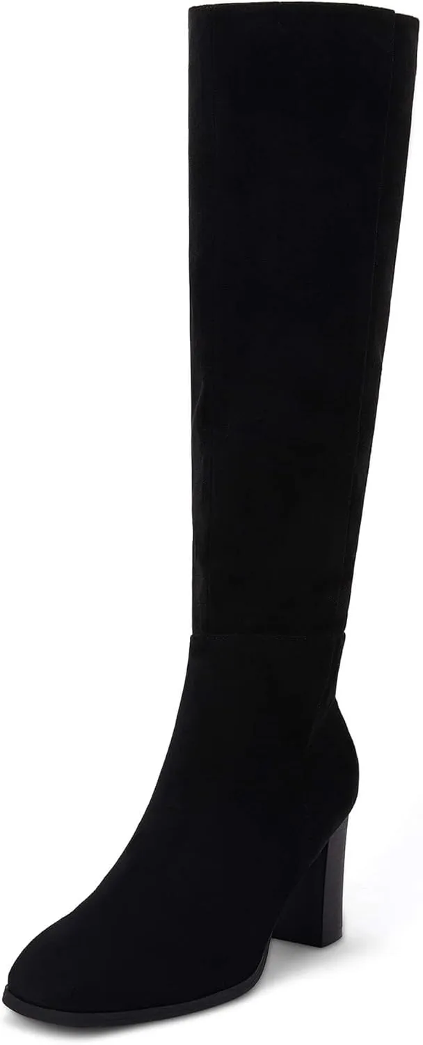 Coutgo Womens Knee High Boots Chunky Block Heels Square Toe Side Zipper Faux Suede Fall Winter Comfort Boot