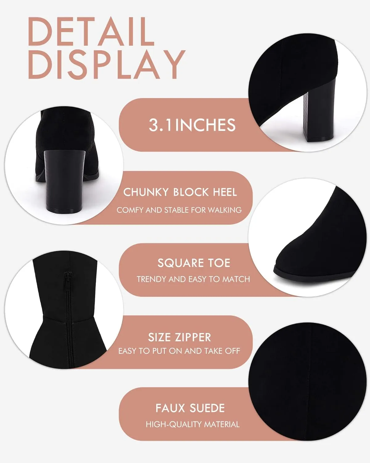 Coutgo Womens Knee High Boots Chunky Block Heels Square Toe Side Zipper Faux Suede Fall Winter Comfort Boot
