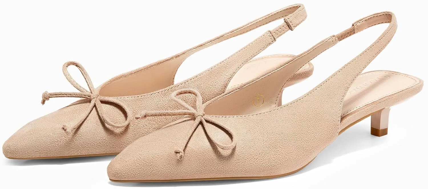 Coutgo Womens Slingback Kitten Low Heels Dress Shoes Closed Pointed Toe Bow Tie Slip on Office Work Pumps