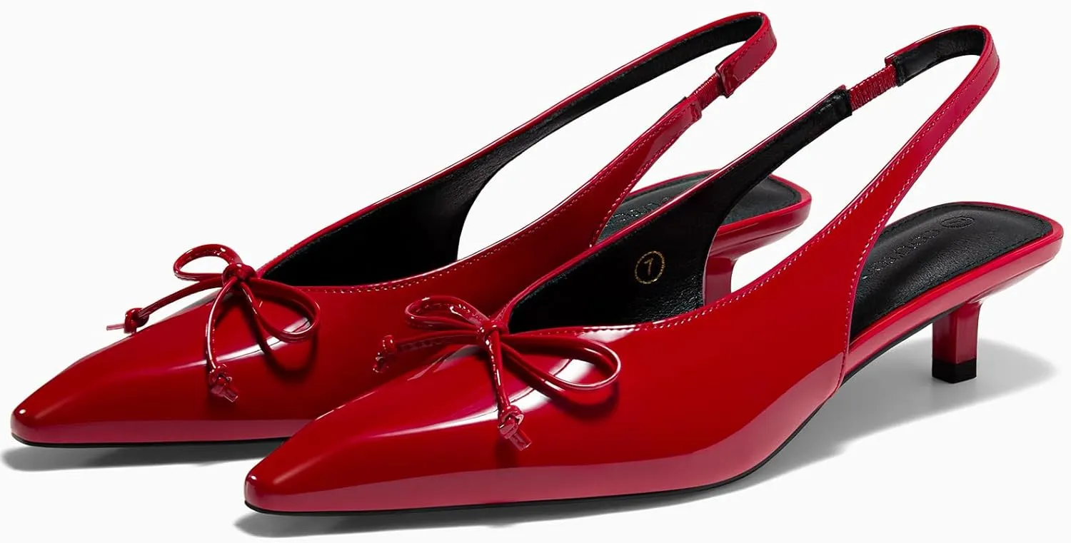 Coutgo Womens Slingback Kitten Low Heels Dress Shoes Closed Pointed Toe Bow Tie Slip on Office Work Pumps