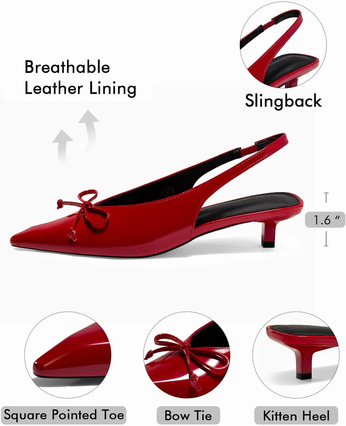 Coutgo Womens Slingback Kitten Low Heels Dress Shoes Closed Pointed Toe Bow Tie Slip on Office Work Pumps
