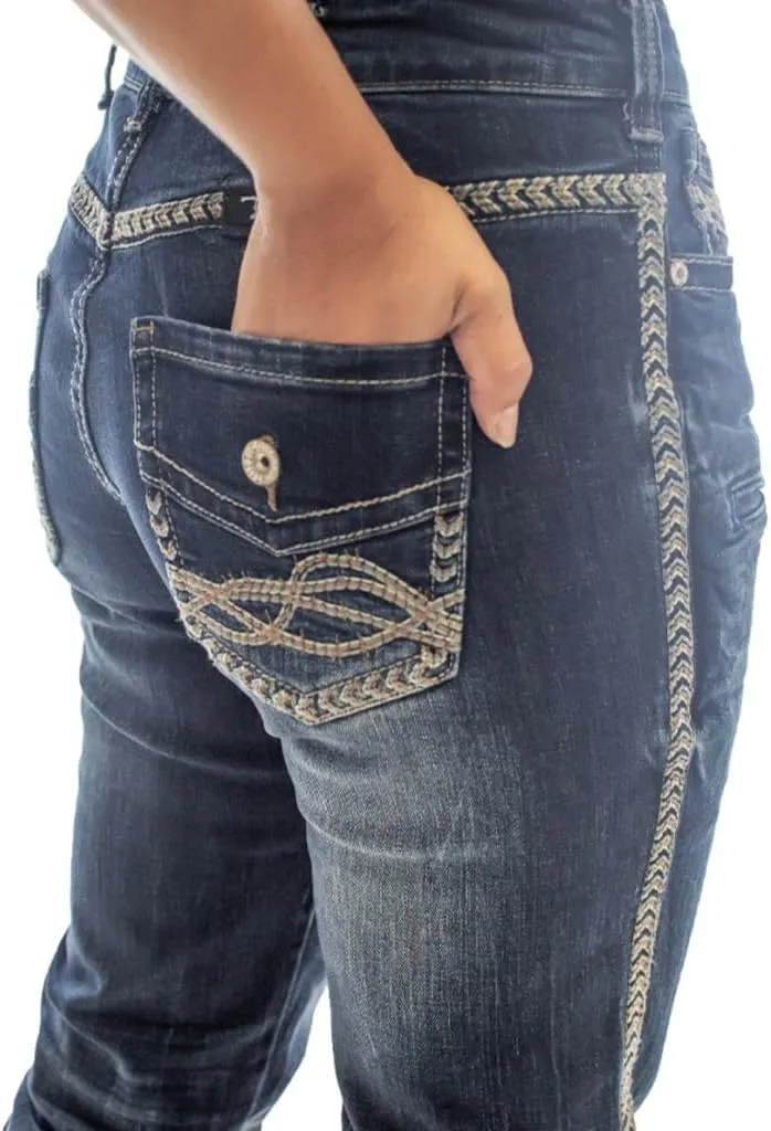 Cowgirl Tuff Western Jeans Womens Zigzag Stitching Dark Wash JRUSTZ