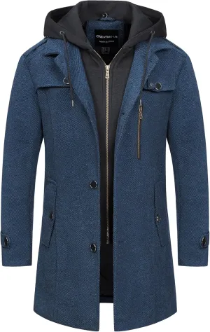 CREATMO US Men's Classic Pea Coat Wool Blend Trench Coat Windproof Business Overcoat With Detachable Hood