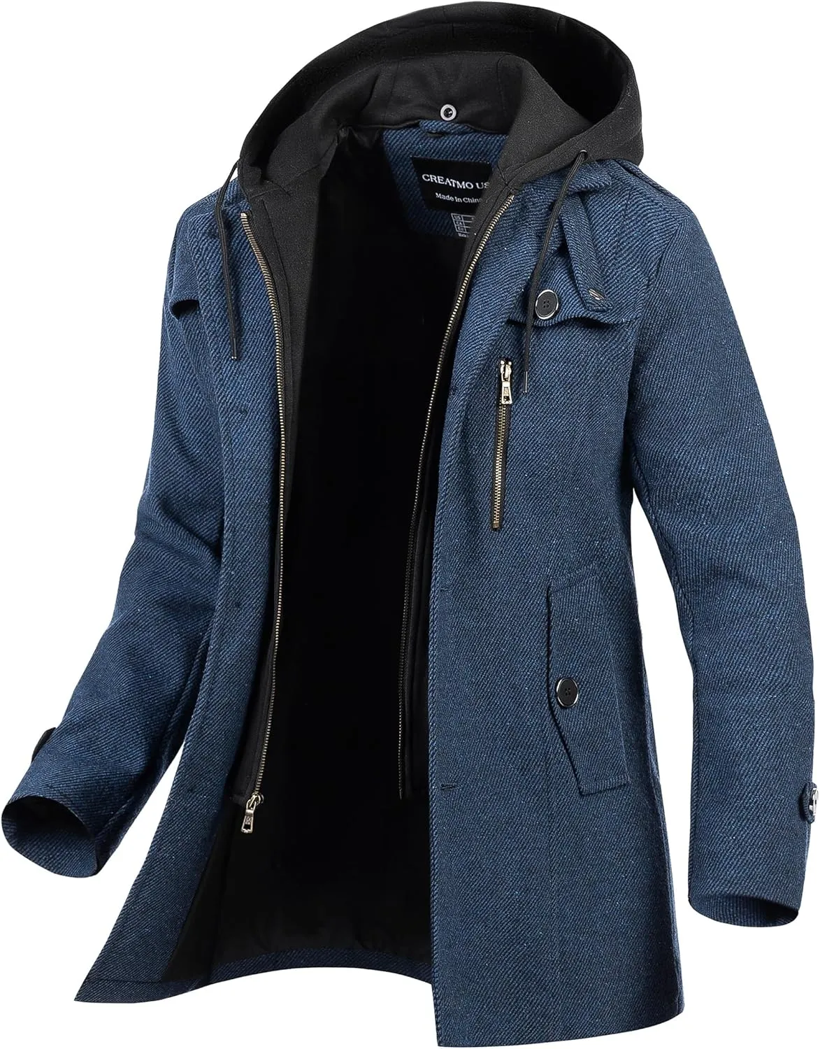 CREATMO US Men's Classic Pea Coat Wool Blend Trench Coat Windproof Business Overcoat With Detachable Hood