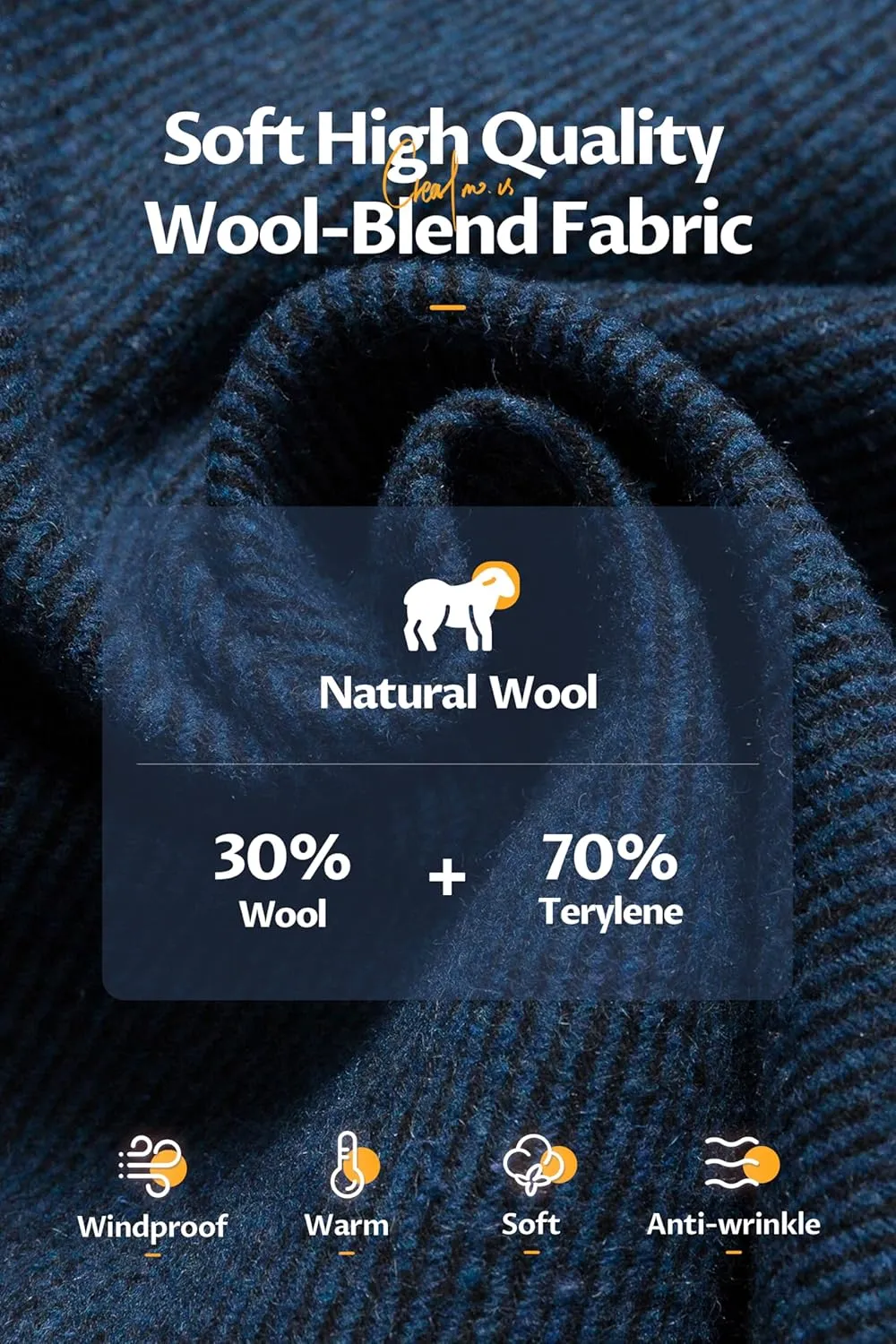 CREATMO US Men's Classic Pea Coat Wool Blend Trench Coat Windproof Business Overcoat With Detachable Hood