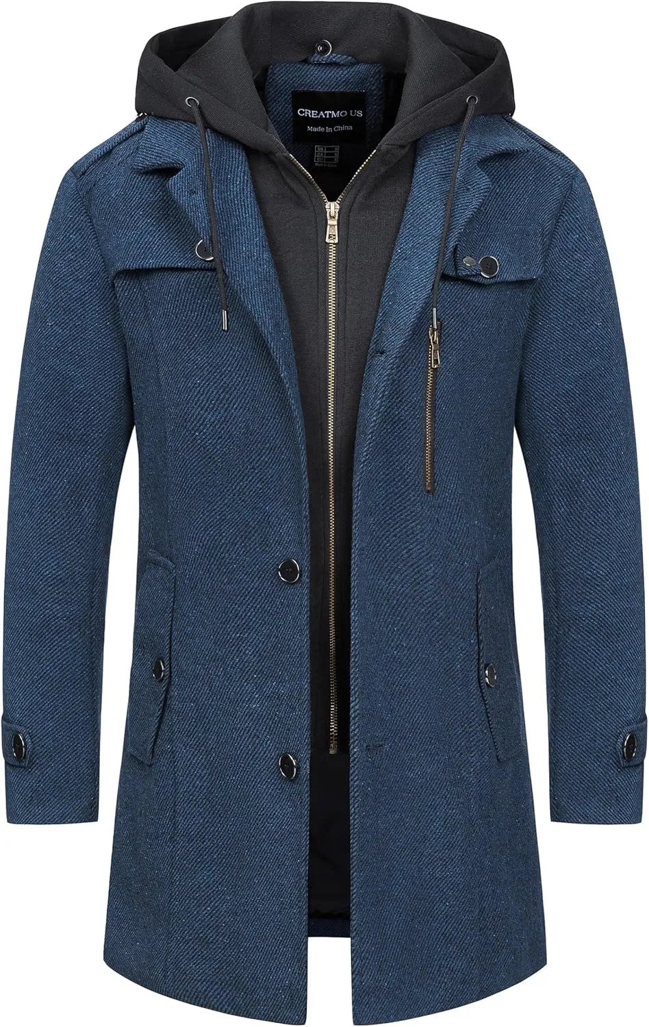 CREATMO US Men's Classic Pea Coat Wool Blend Trench Coat Windproof Business Overcoat With Detachable Hood