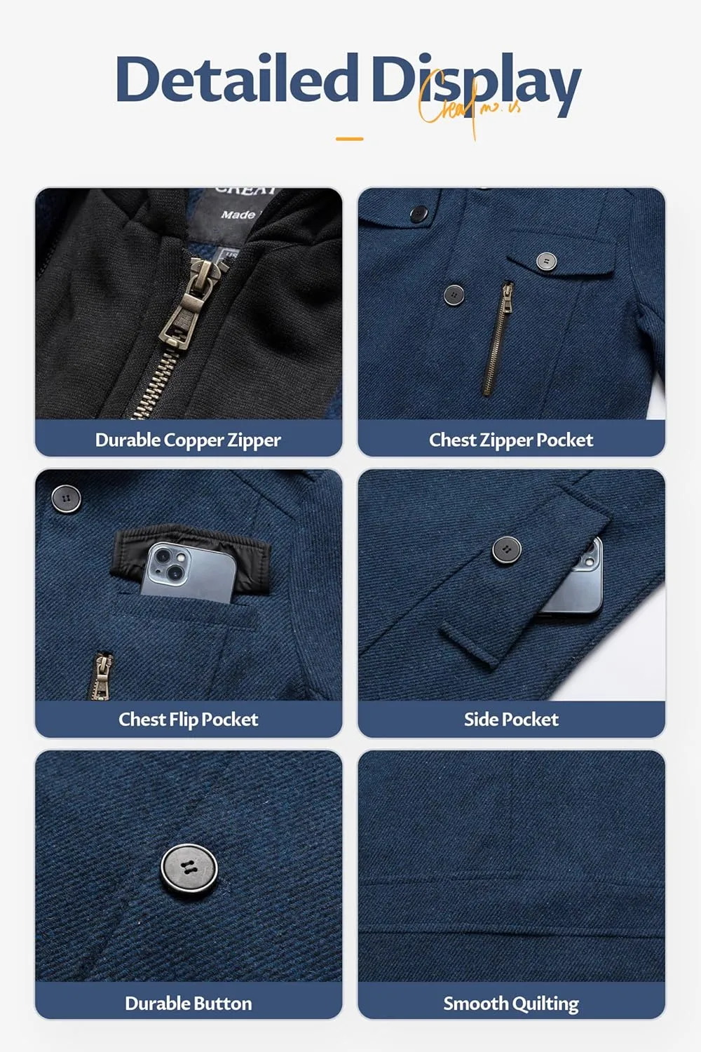 CREATMO US Men's Classic Pea Coat Wool Blend Trench Coat Windproof Business Overcoat With Detachable Hood