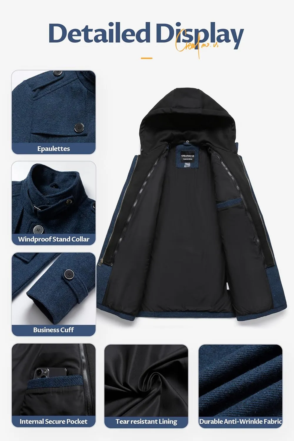 CREATMO US Men's Classic Pea Coat Wool Blend Trench Coat Windproof Business Overcoat With Detachable Hood