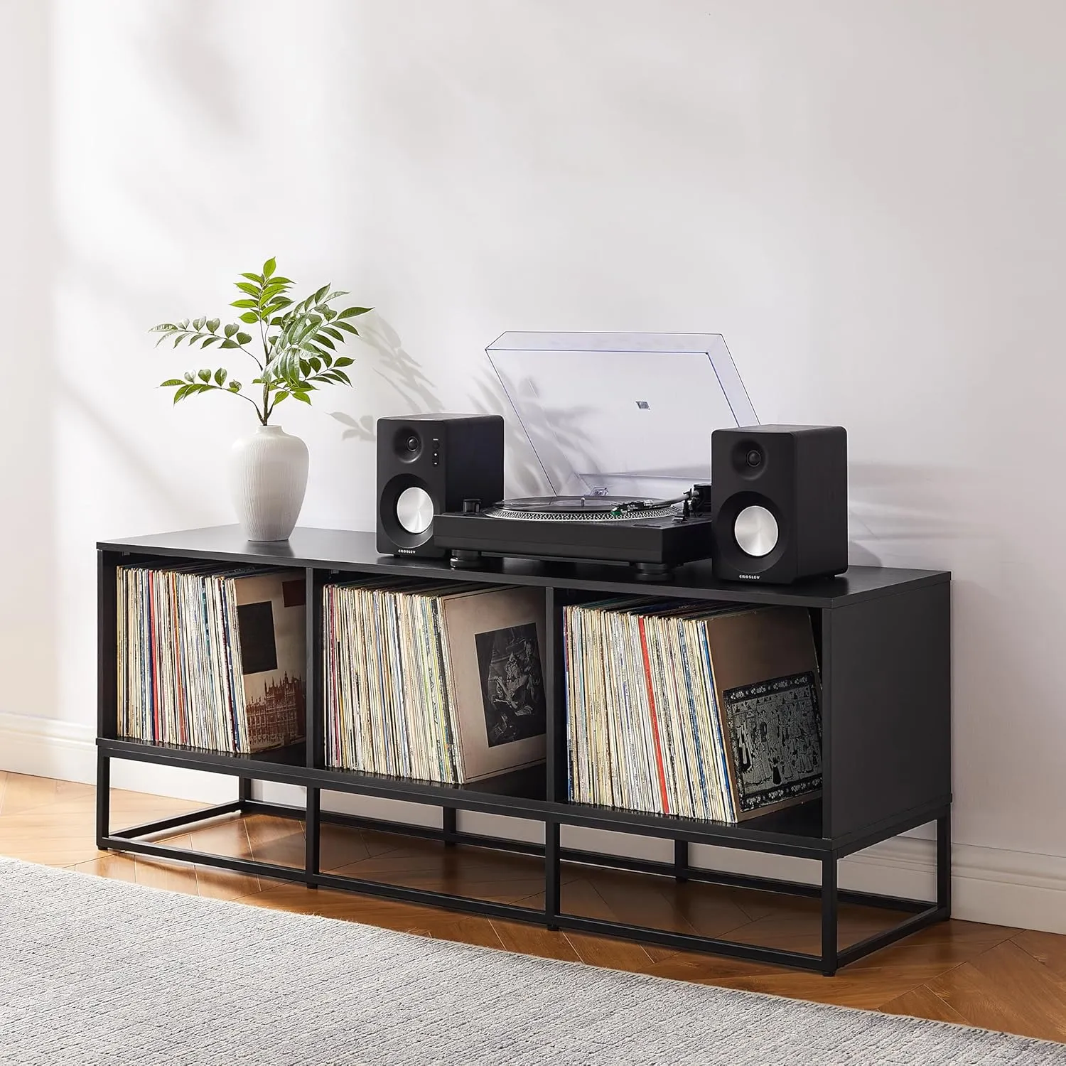 Crosley Furniture Enzo Large Vinyl Record Storage TV Stand and Entertainment Center, Media Console, Black