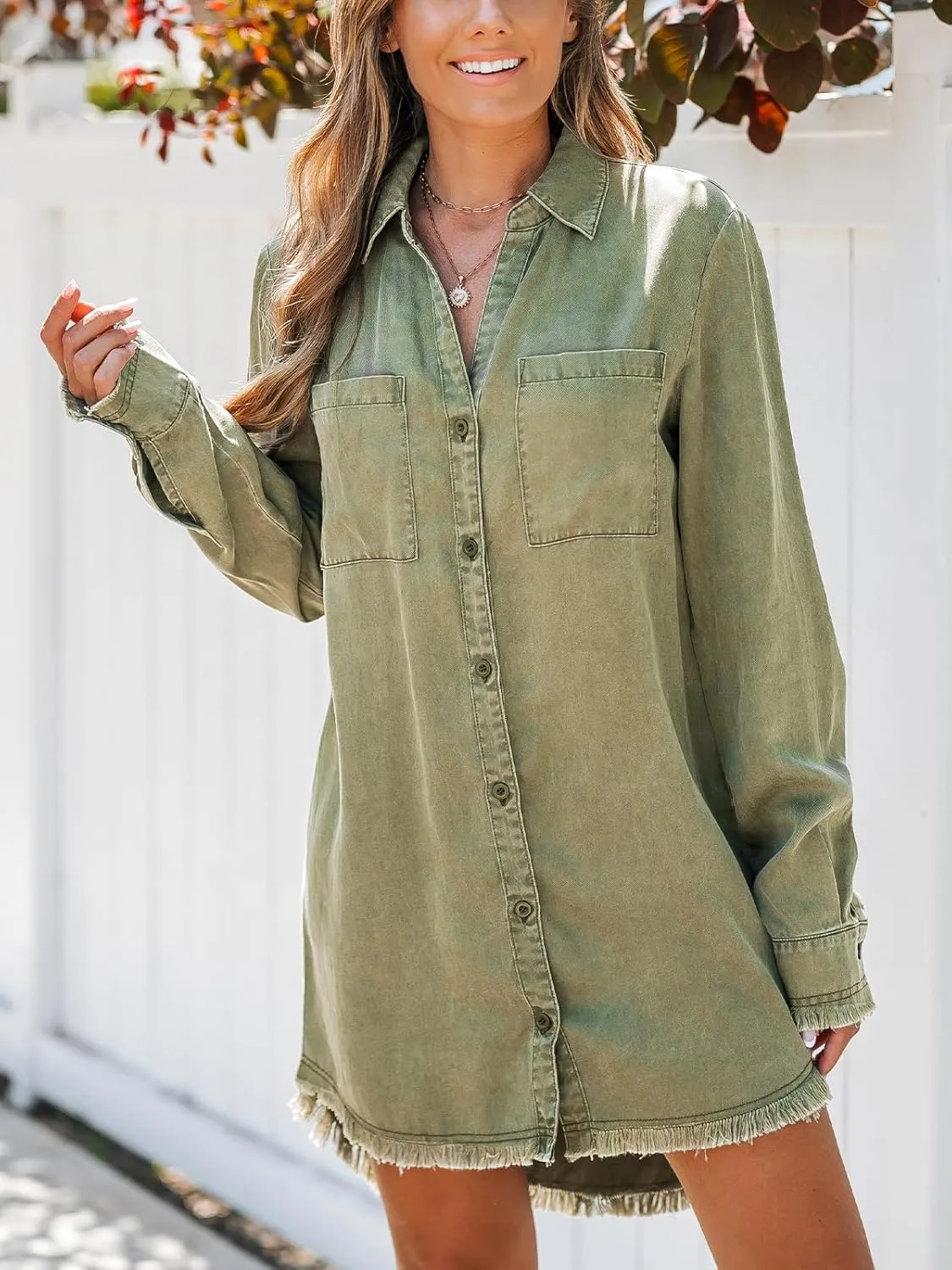 CUPSHE Womens Denim Shirt Dress Long Sleeve Button Down Casual Loose Jean Dresses with Pockets