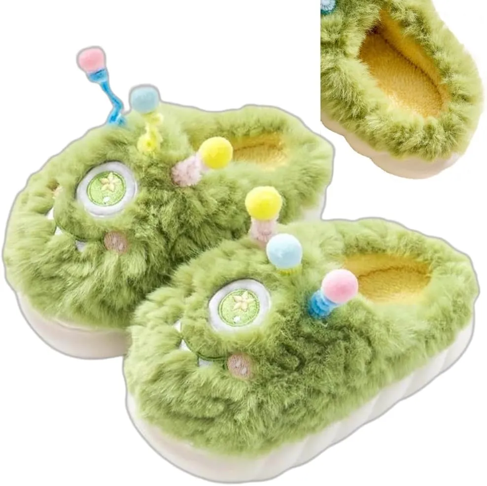 Cute Monster Fuzzy Women's Slippers Winter Fluffy Open Toe Slip On Plush Bedroom Shoes Indoor