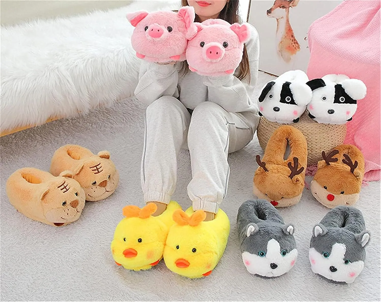 Cute Pig Cartoon Animal Home Furry Slippers - Women's Warm Winter Slippers