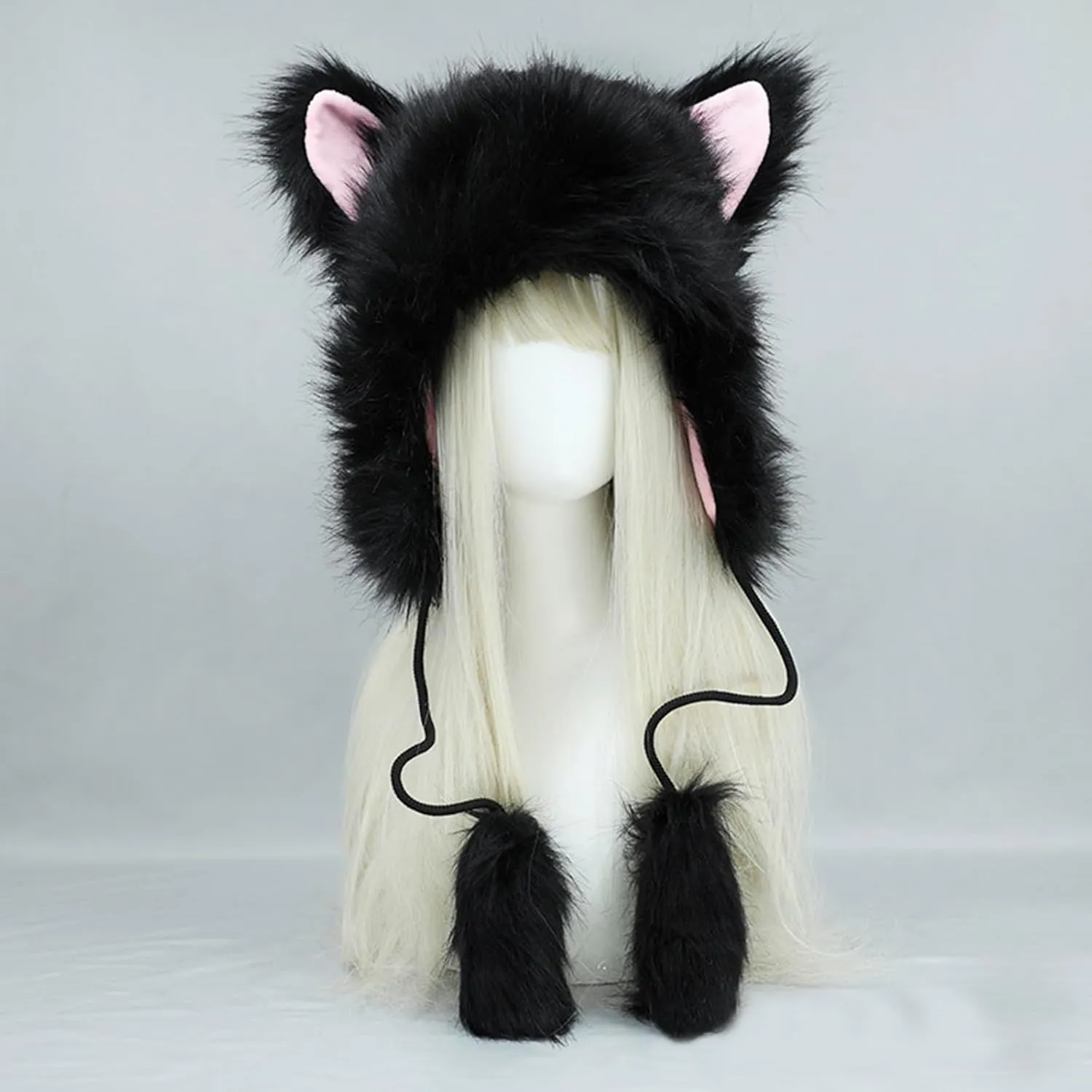 Cute Warm Plush Furry Faux Fur Hood Hat Spirit Ears Wolf Bear Cat Halloween Costume Xmas Winter Hood