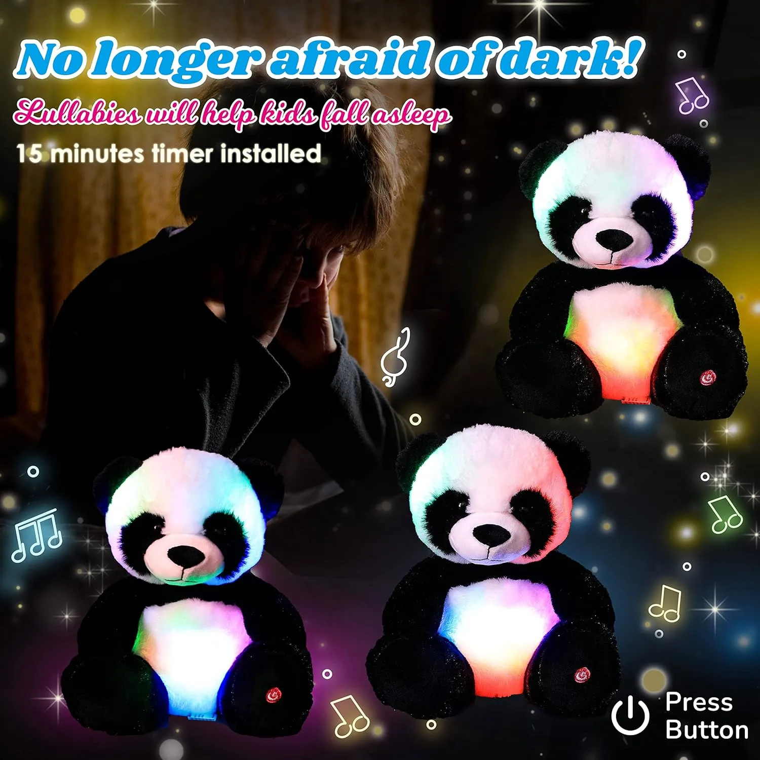Cuteoy Musical Plush Panda Stuffed Animal Soft Glowing LED Light-up Nightlight Toys Singing Lullabies Birthday Christmas Plushies Gifts for Kids Boys Girls,10"