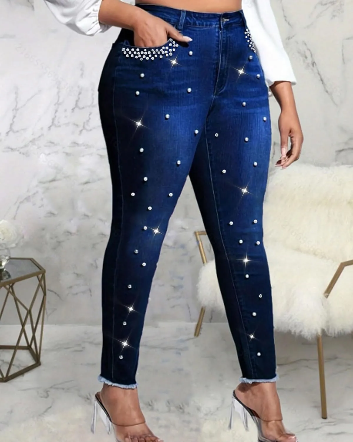 Cyparel Women's Stretch Skinny Jeans Pearl Beaded Fringe Tassels Frayed Butt Lifting Slim Fit Denim Pants