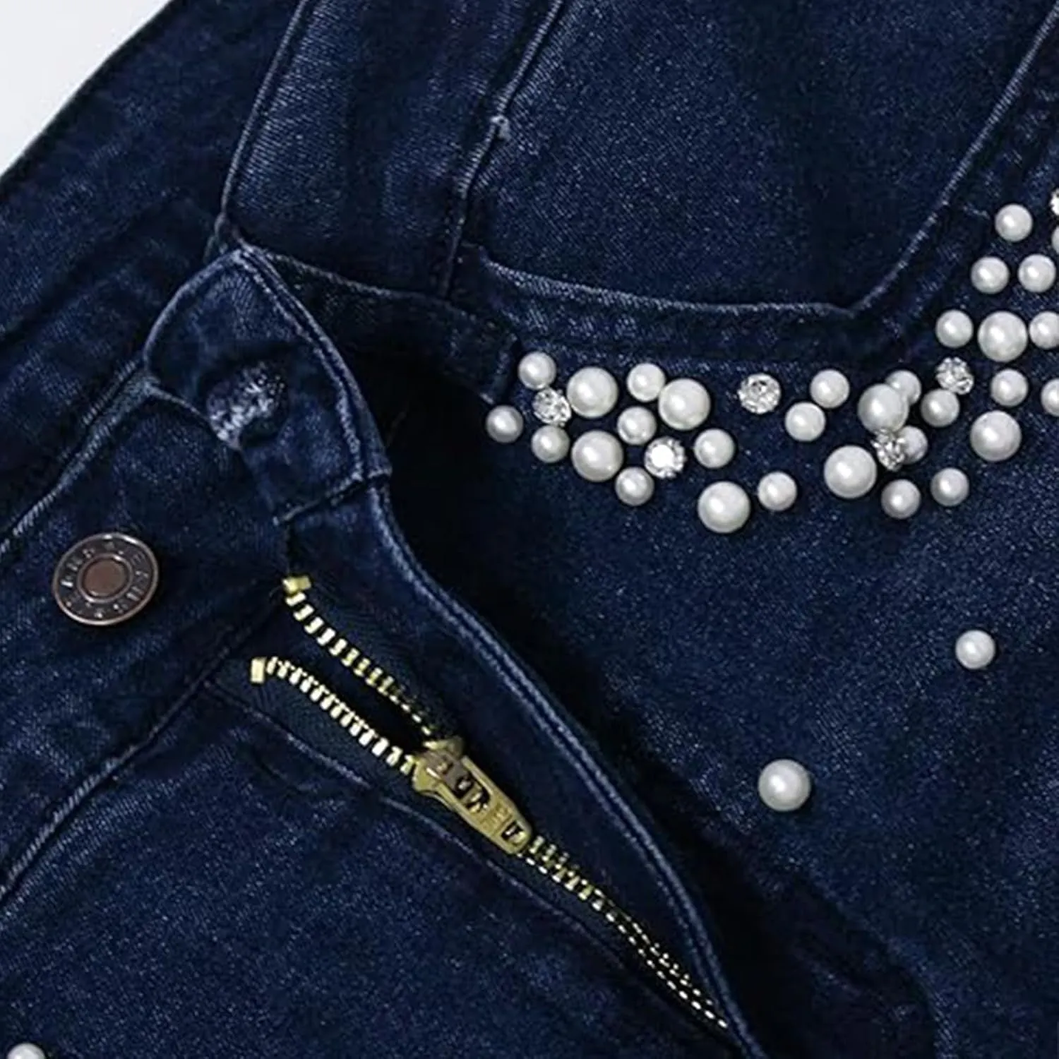 Cyparel Women's Stretch Skinny Jeans Pearl Beaded Fringe Tassels Frayed Butt Lifting Slim Fit Denim Pants