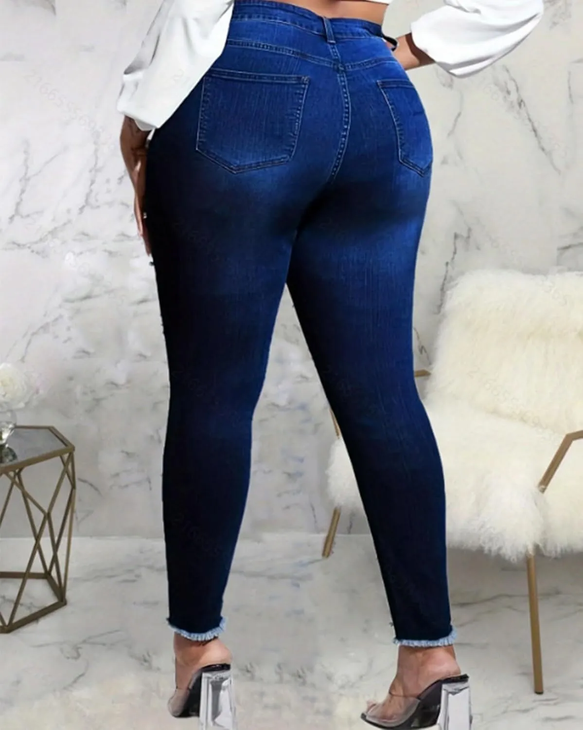 Cyparel Women's Stretch Skinny Jeans Pearl Beaded Fringe Tassels Frayed Butt Lifting Slim Fit Denim Pants