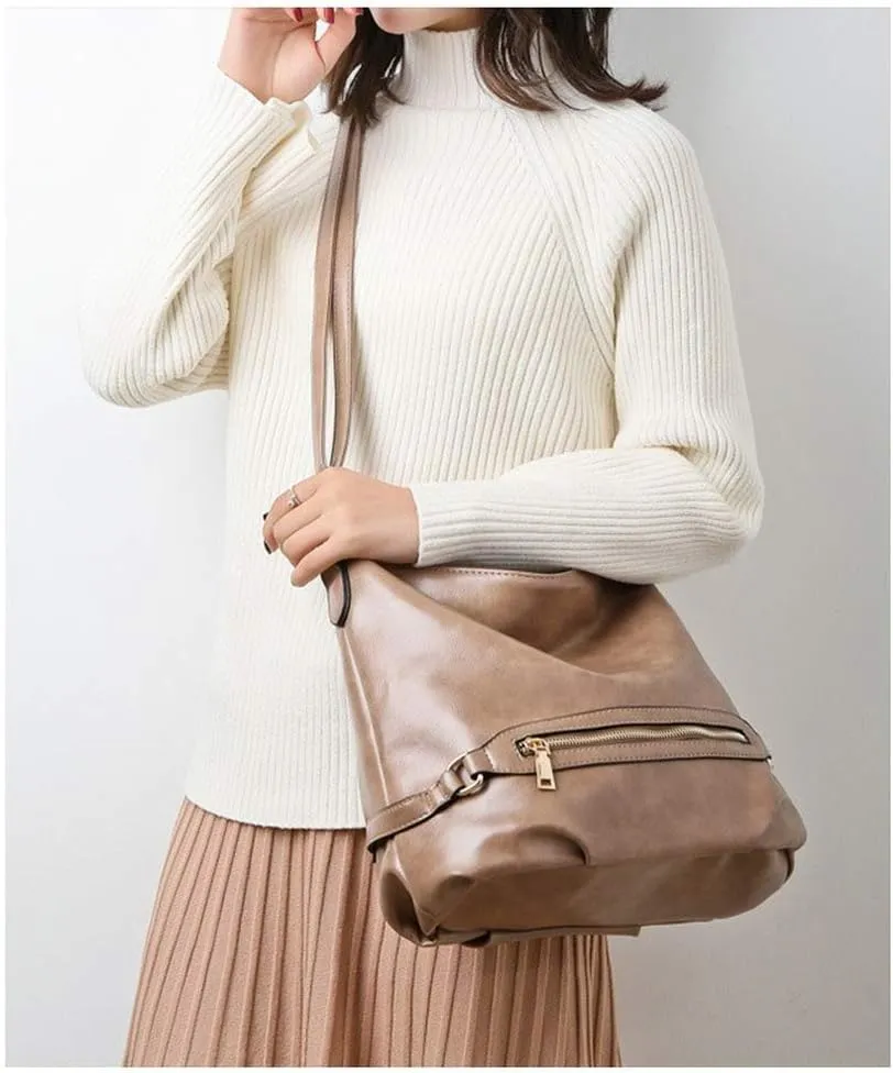 Dayfine Women's Retro Large Capacity Zipper Handbag Soft Oil Wax Leather Tote Shoulder Bag