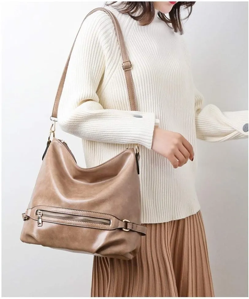 Dayfine Women's Retro Large Capacity Zipper Handbag Soft Oil Wax Leather Tote Shoulder Bag