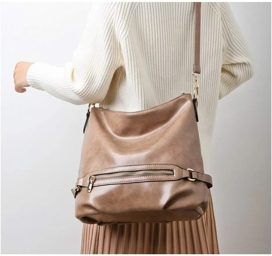 Dayfine Women's Retro Large Capacity Zipper Handbag Soft Oil Wax Leather Tote Shoulder Bag