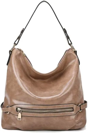 Dayfine Women's Retro Large Capacity Zipper Handbag Soft Oil Wax Leather Tote Shoulder Bag