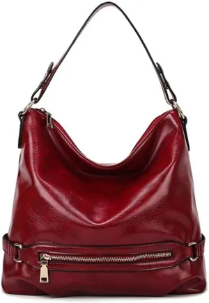 Dayfine Women's Retro Large Capacity Zipper Handbag Soft Oil Wax Leather Tote Shoulder Bag