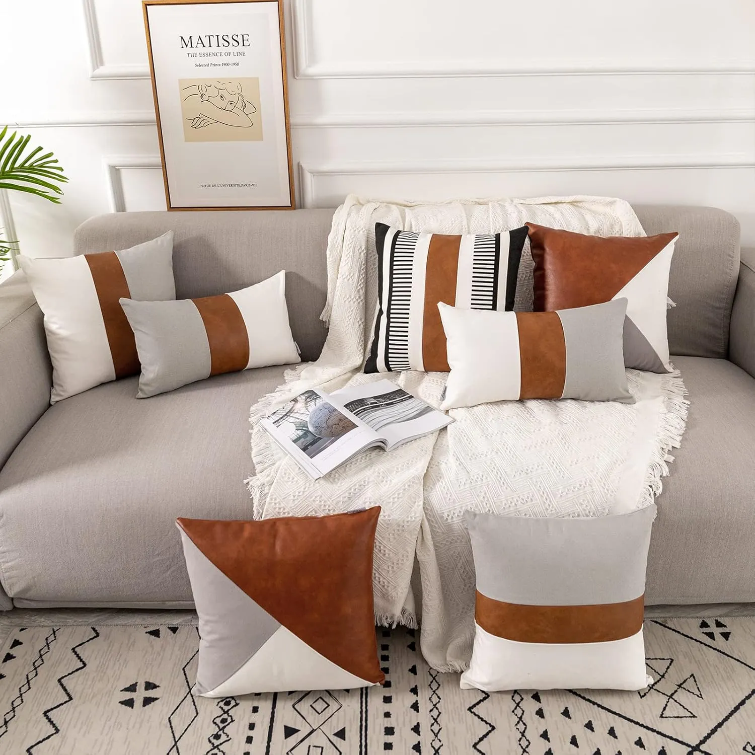 Decorative Boho Throw Pillow Covers 18x18 Rustic Cotton Sofa Pillowcase, Modern Faux Leather Accent Pillow Cover Farmhouse Home Decor, Grey and White (Pack of 2, Cover ONLY)