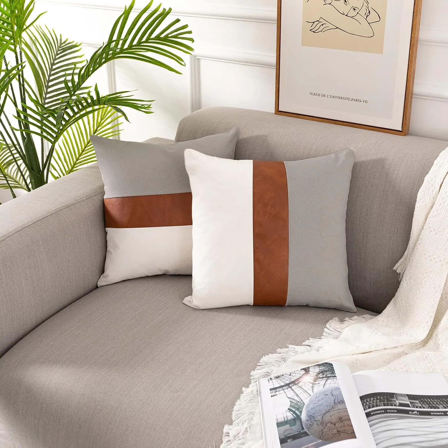 Decorative Boho Throw Pillow Covers 18x18 Rustic Cotton Sofa Pillowcase, Modern Faux Leather Accent Pillow Cover Farmhouse Home Decor, Grey and White (Pack of 2, Cover ONLY)