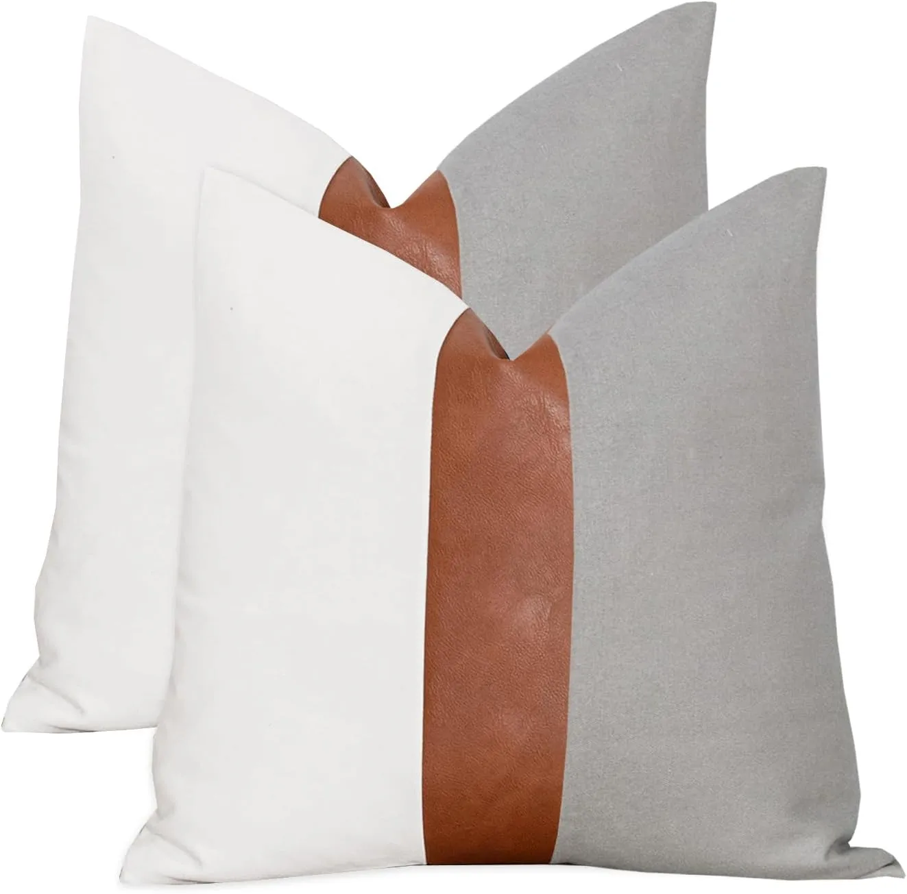 Decorative Boho Throw Pillow Covers 18x18 Rustic Cotton Sofa Pillowcase, Modern Faux Leather Accent Pillow Cover Farmhouse Home Decor, Grey and White (Pack of 2, Cover ONLY)
