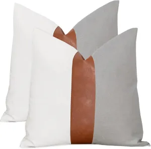 Decorative Boho Throw Pillow Covers 18x18 Rustic Cotton Sofa Pillowcase, Modern Faux Leather Accent Pillow Cover Farmhouse Home Decor, Grey and White (Pack of 2, Cover ONLY)