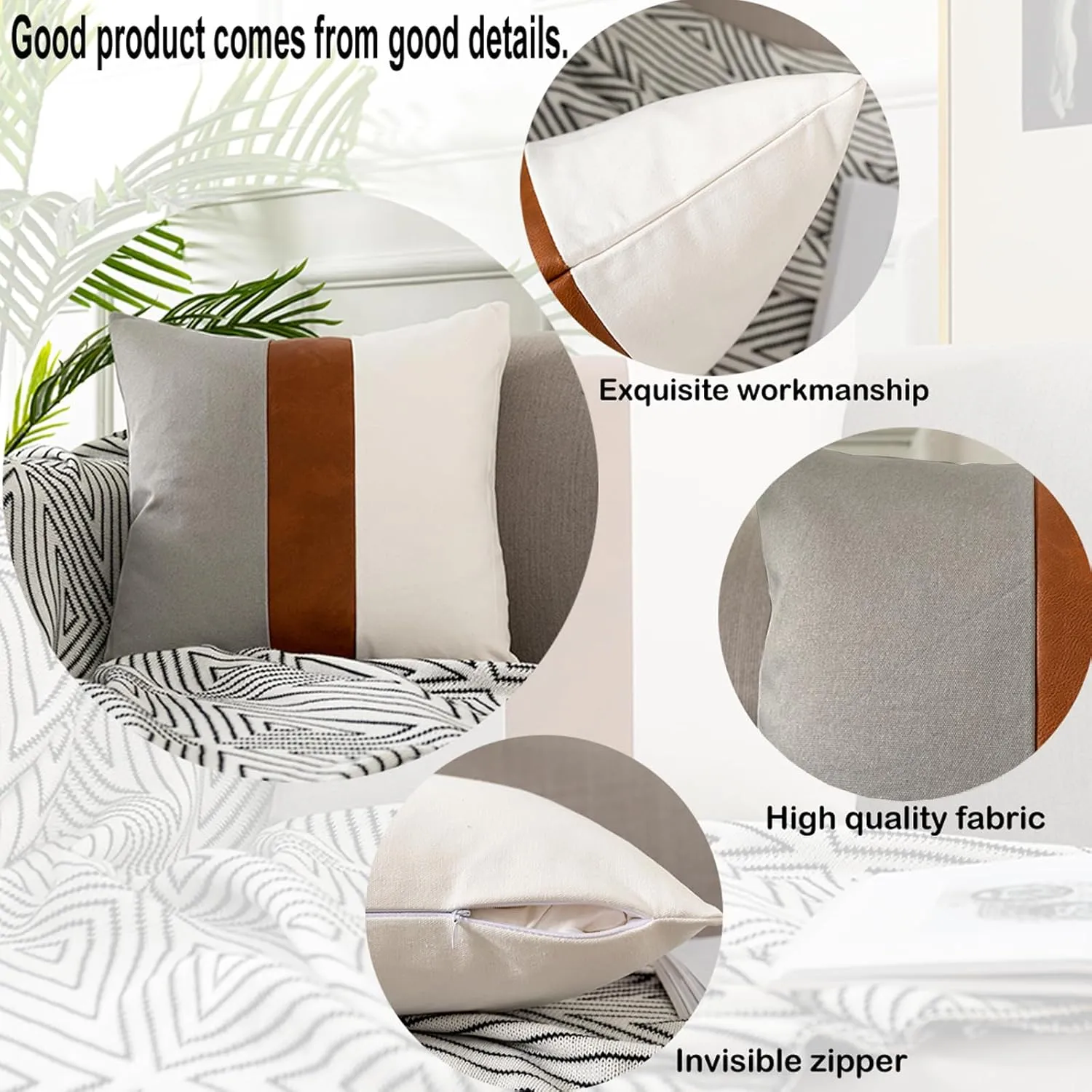 Decorative Boho Throw Pillow Covers 18x18 Rustic Cotton Sofa Pillowcase, Modern Faux Leather Accent Pillow Cover Farmhouse Home Decor, Grey and White (Pack of 2, Cover ONLY)