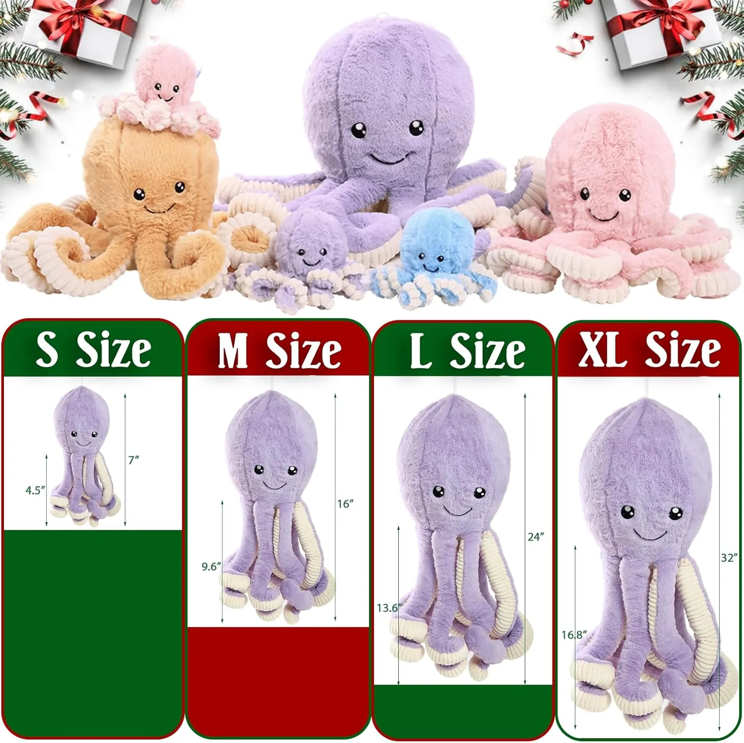 DENTRUN Octopus Stuffed Animals, Giant Octopus Plush Doll Play Toys for Kids Girls Boys Adults Birthday Xmas Halloween Present Stuffed Sea Animals Plushie, 7/16/24/32 Inches, 5 Colors